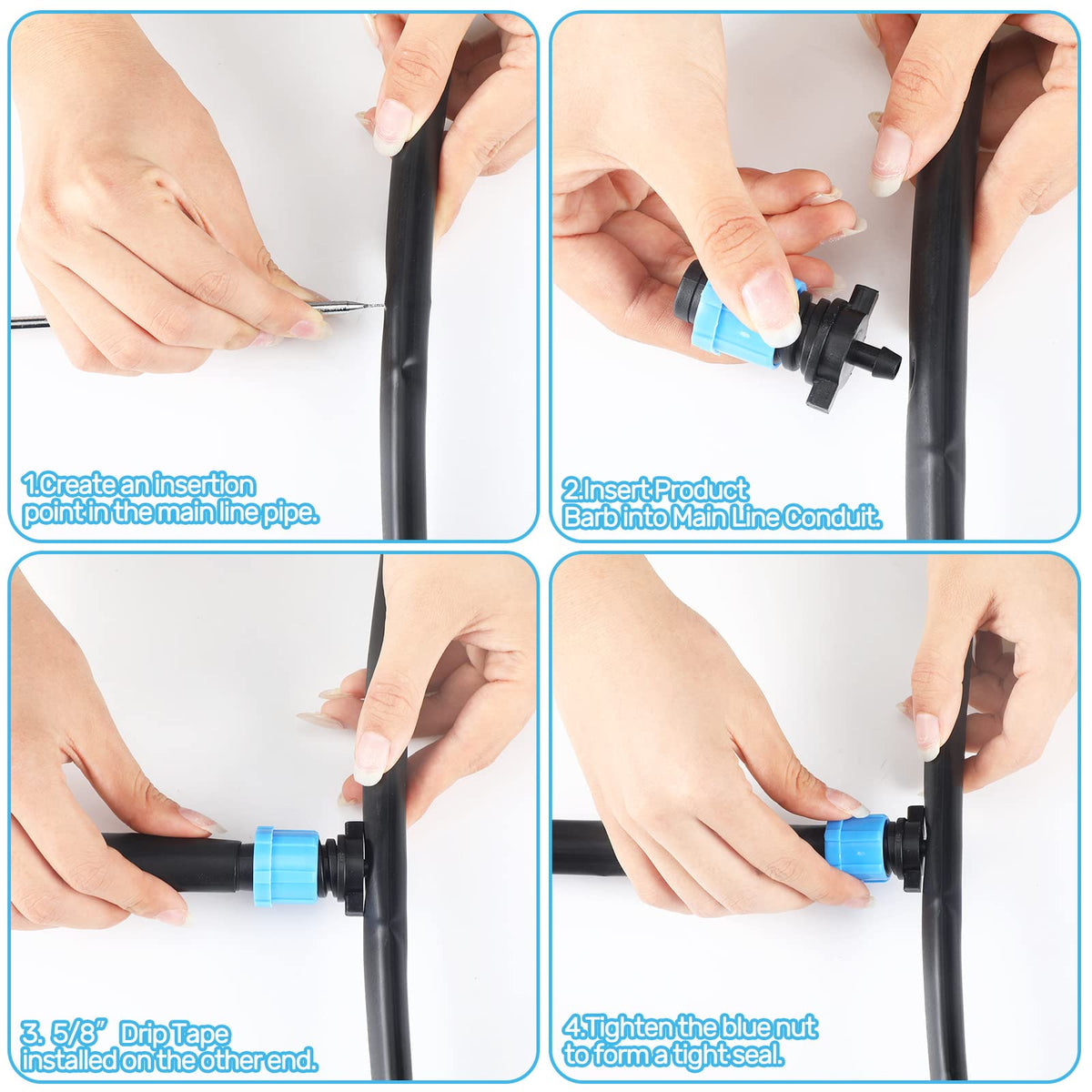 Frienda twist-lock drip line connector blue for leak-free tubing joins.