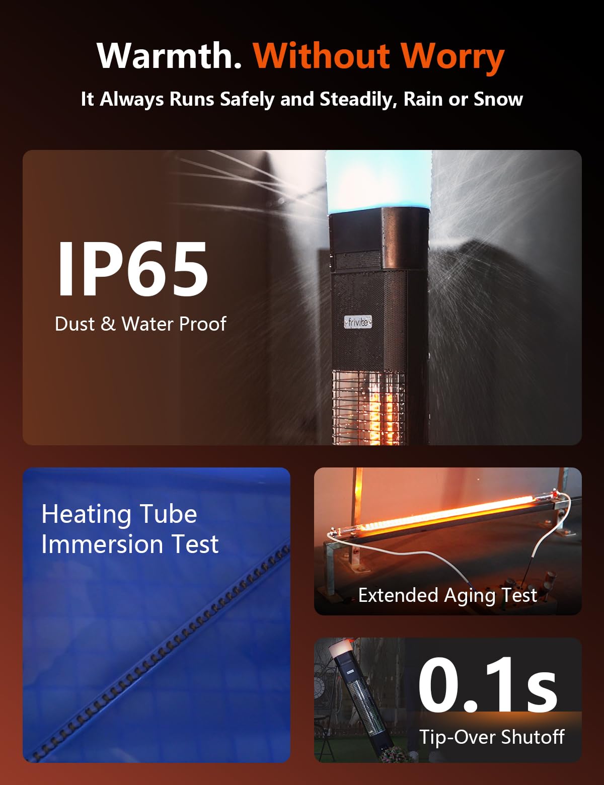 Frivibe outdoor heater 43-inch tower in use on a patio after dusk.