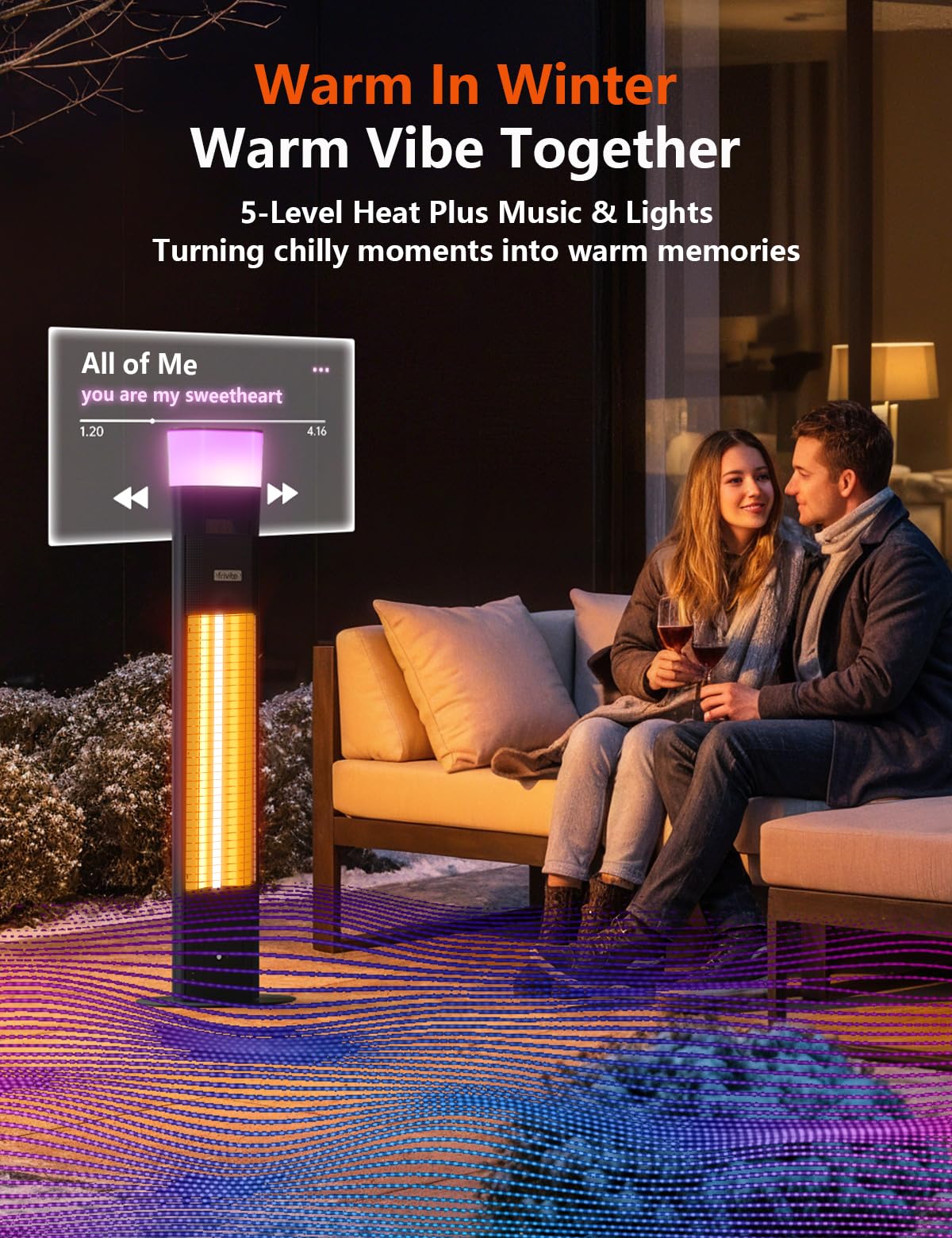 Frivibe outdoor heater with Bluetooth speaker on enables outdoor music while relaxing.