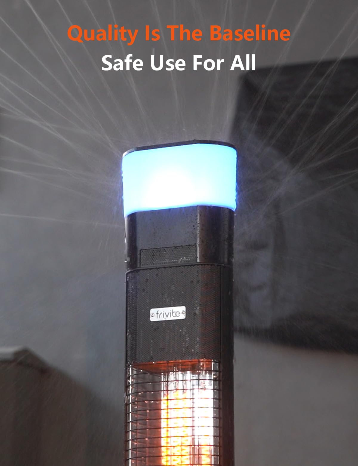 Frivibe outdoor heater in use on patio with warmth and music.