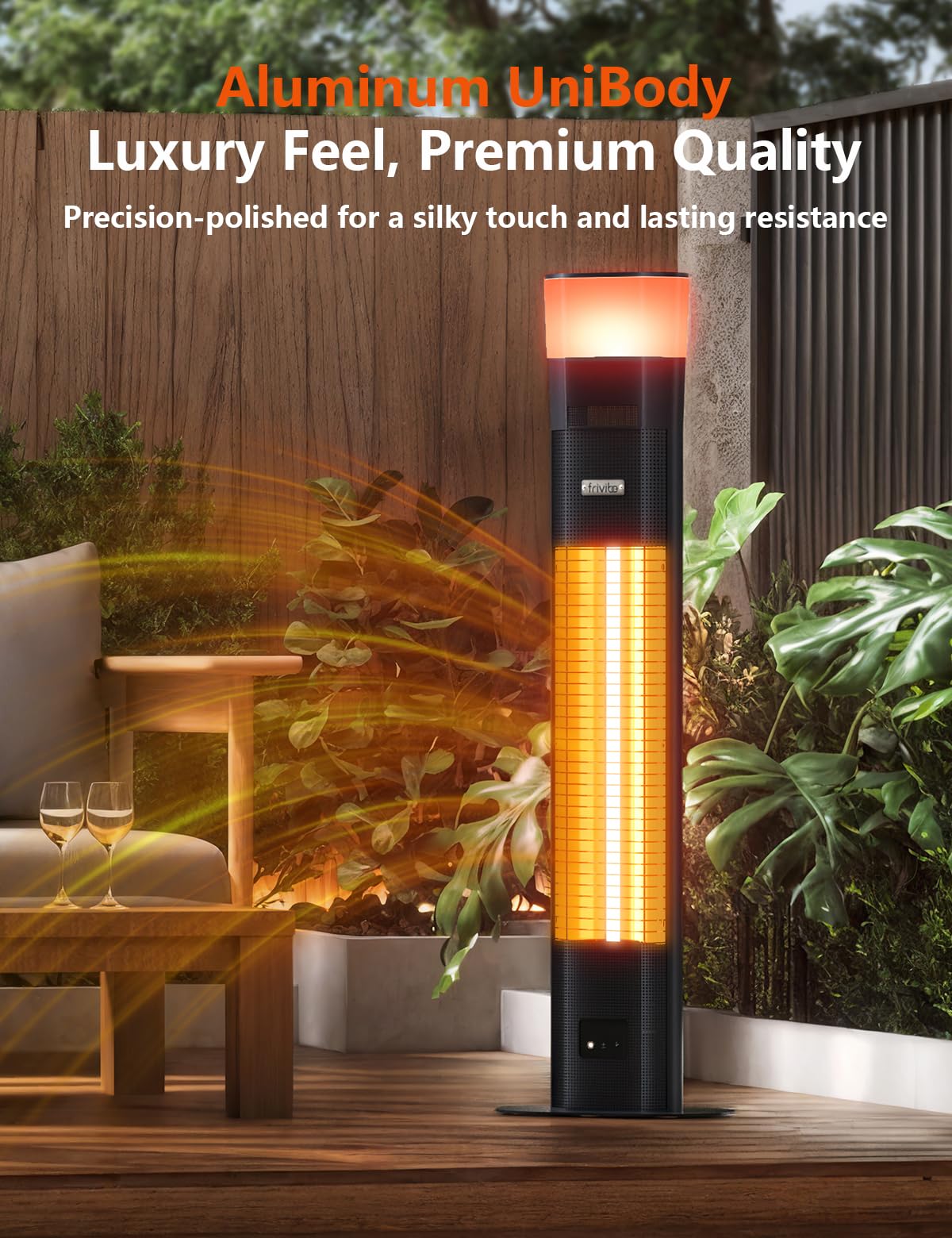 Frivibe outdoor heater IP65 rating note emphasizes weather resistance for outdoors.
