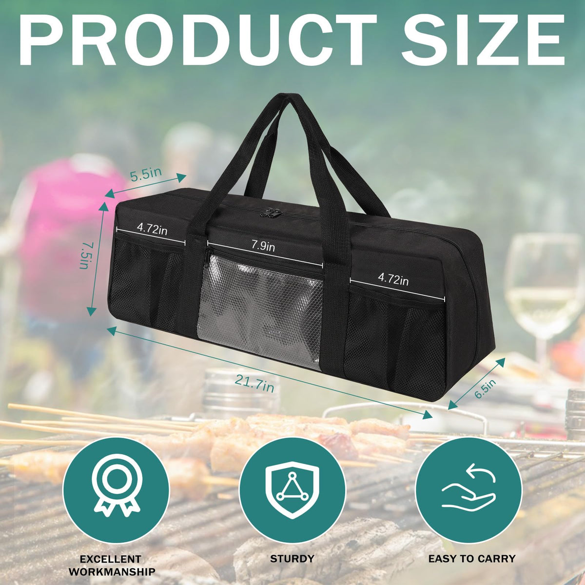 Frjjthchy grill tool storage bag front pocket detail helps organize tools.