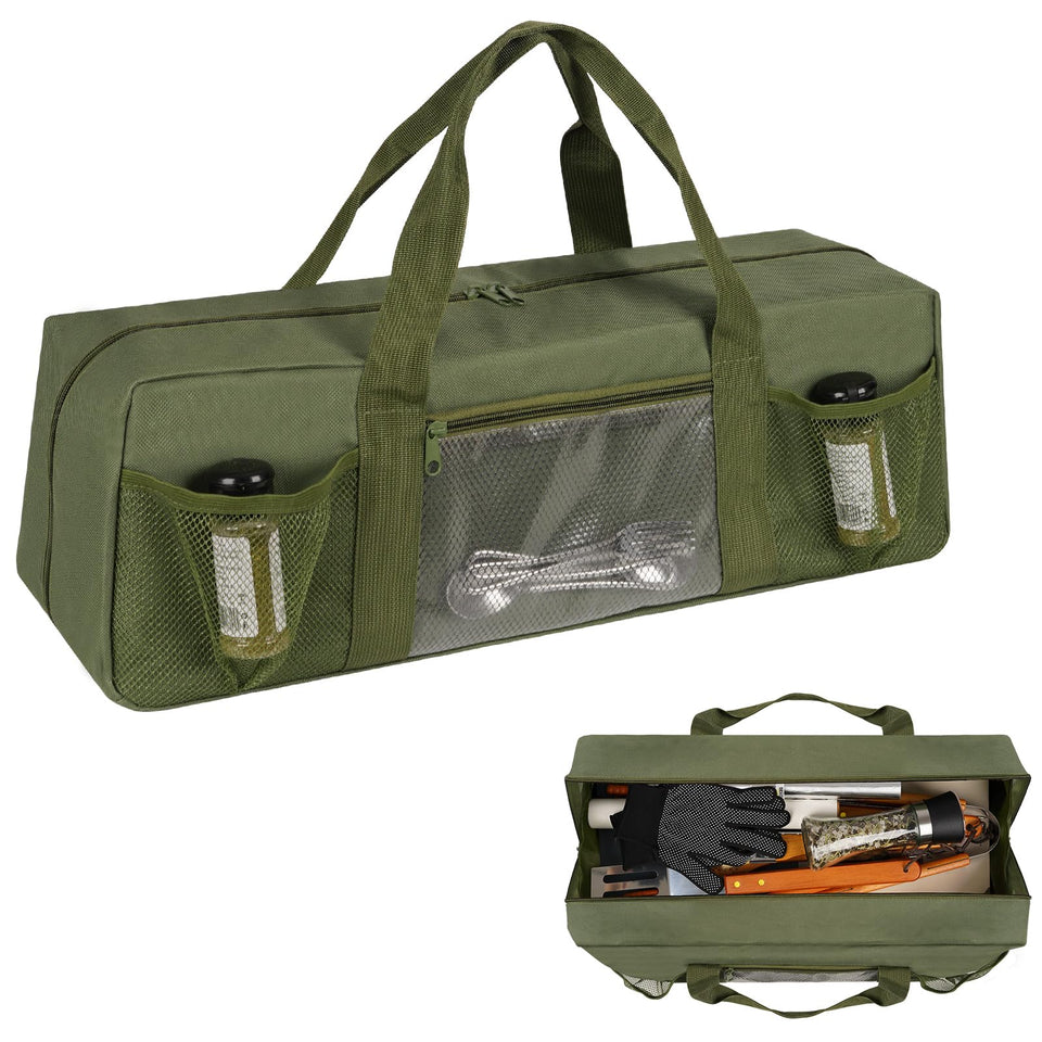 Frjjthchy grill tool storage bag front view showing large capacity for essential BBQ tools