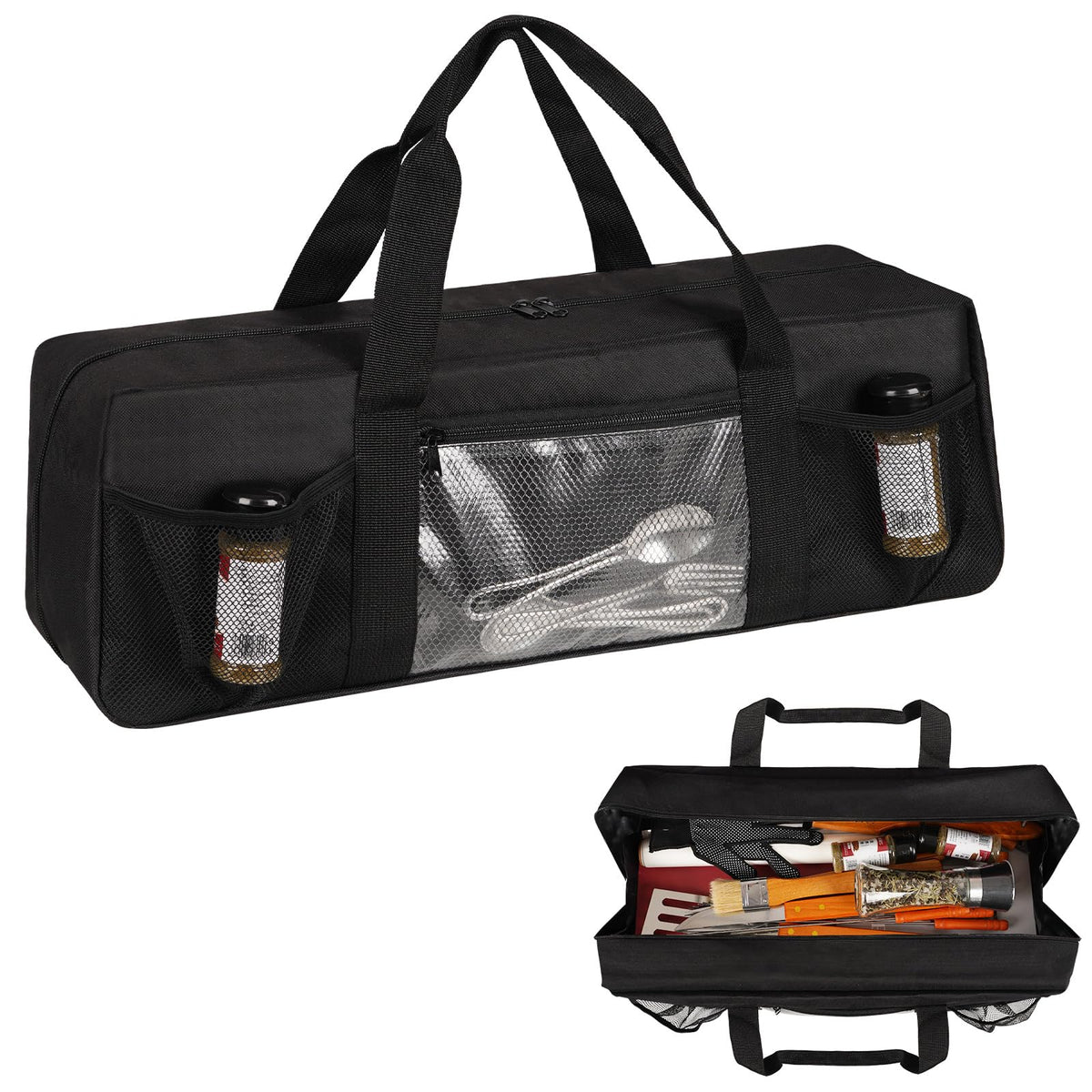 Frjjthchy grill tool storage bag showing outdoor capacity for all BBQ utensils.