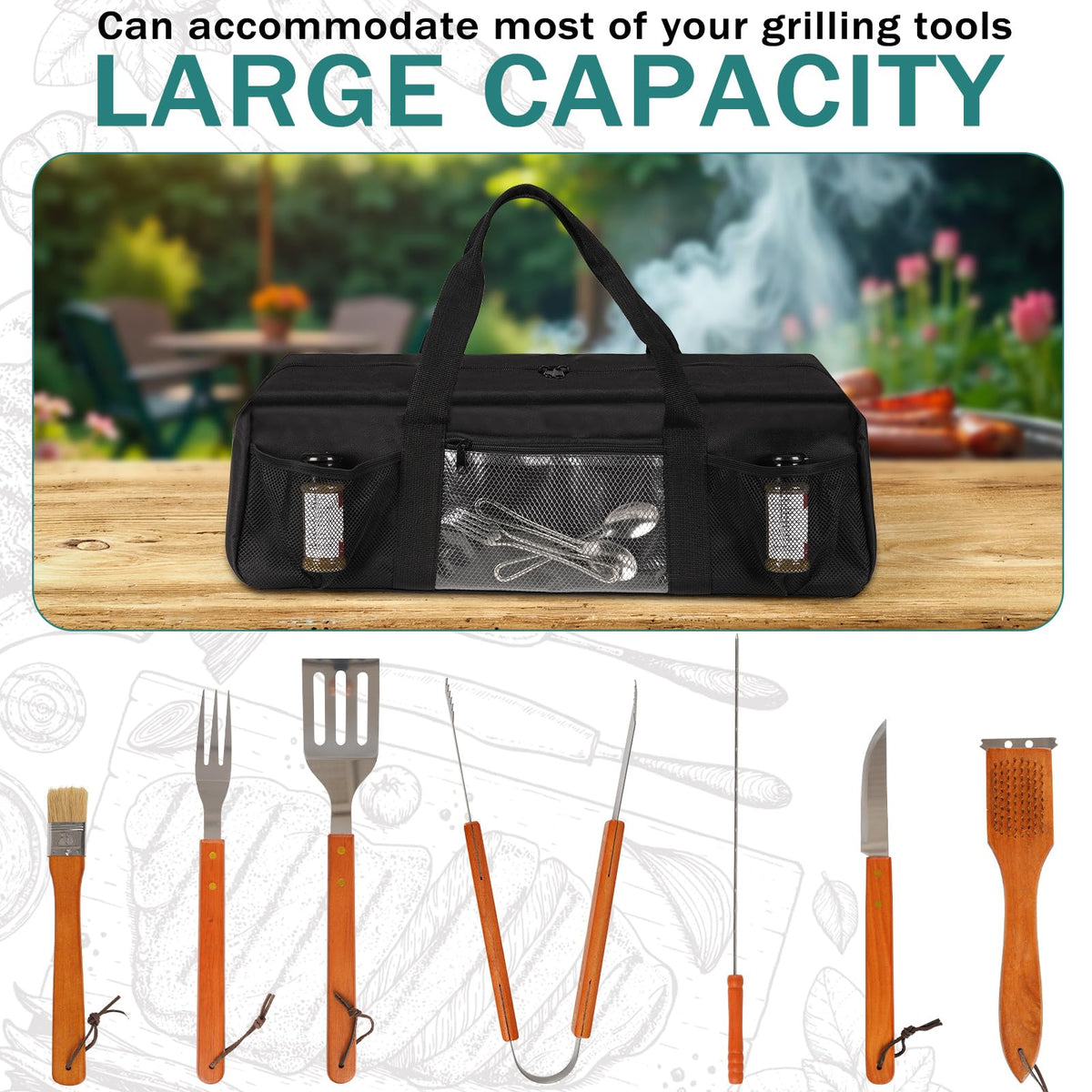 Frjjthchy grill tool storage bag transparent pocket keeps items visible.