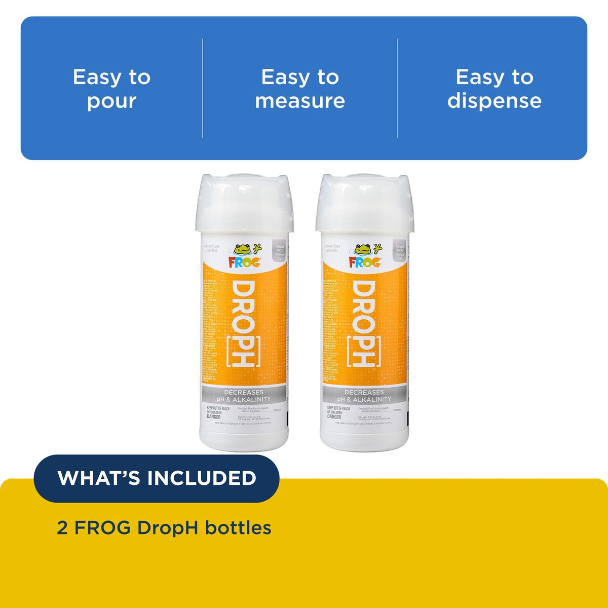 FROG DropH dosing instructions graphic shows straightforward steps for hot tubs and swim spas.