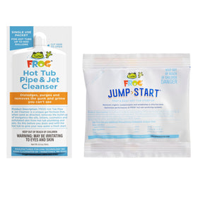FROG Jump Start pack front label guides your hot tub start-up and clean water.