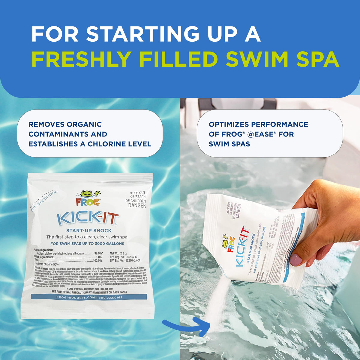 FROG Kick-It compatible with swim spa chemicals for easy integration.