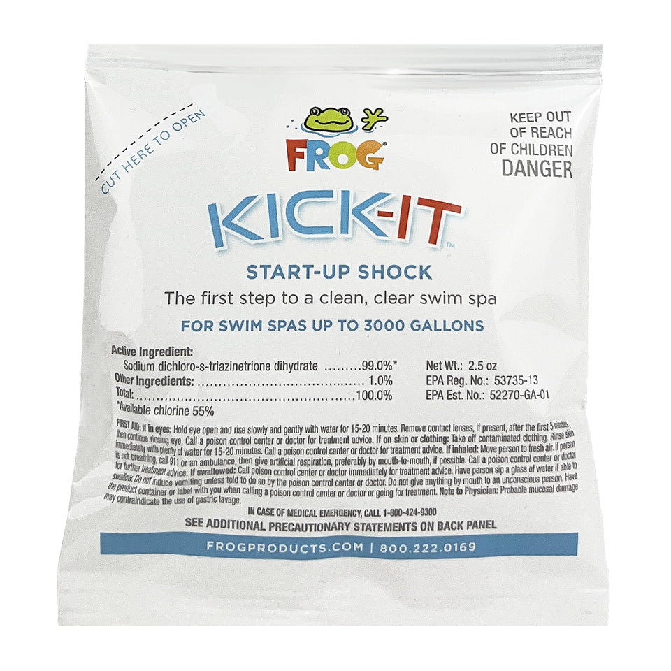 FROG Kick-It packet dissolves quickly for a ready swim spa treatment.