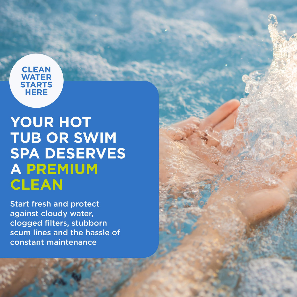 FROG Pipe & Jet Cleanser application near hot tub shows simple pre-drain cleaning.