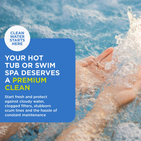 FROG Pipe & Jet Cleanser application near hot tub shows simple pre-drain cleaning.