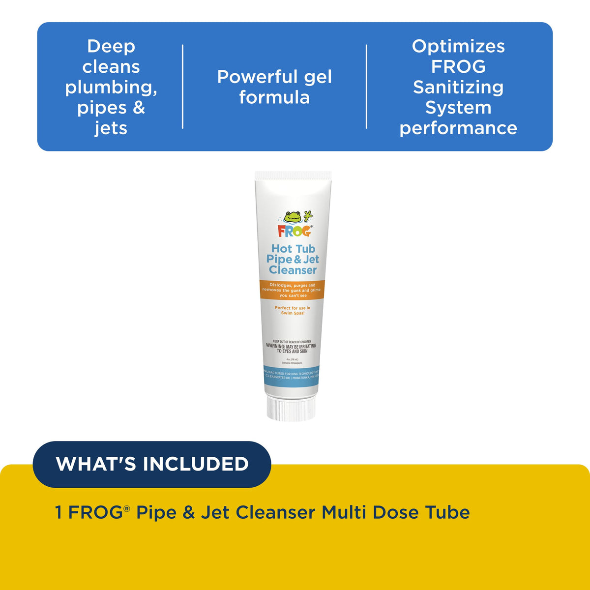FROG Pipe & Jet Cleanser packaging shown for convenient at-home maintenance.