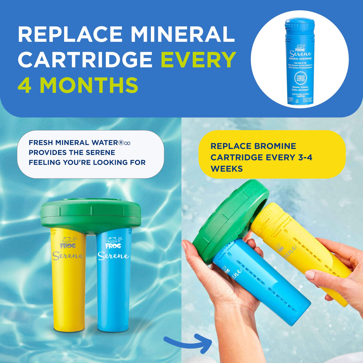 Visual of FROG Serene bromine cartridge with water care benefits for spa water.