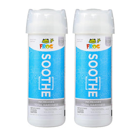 FROG Soothe calcium hardness bottle close demonstrates fast-dissolving action for balanced hot tub water.