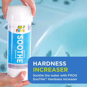 FROG Soothe hot tub and spa use communicates broad compatibility with any sanitizing chemistry.