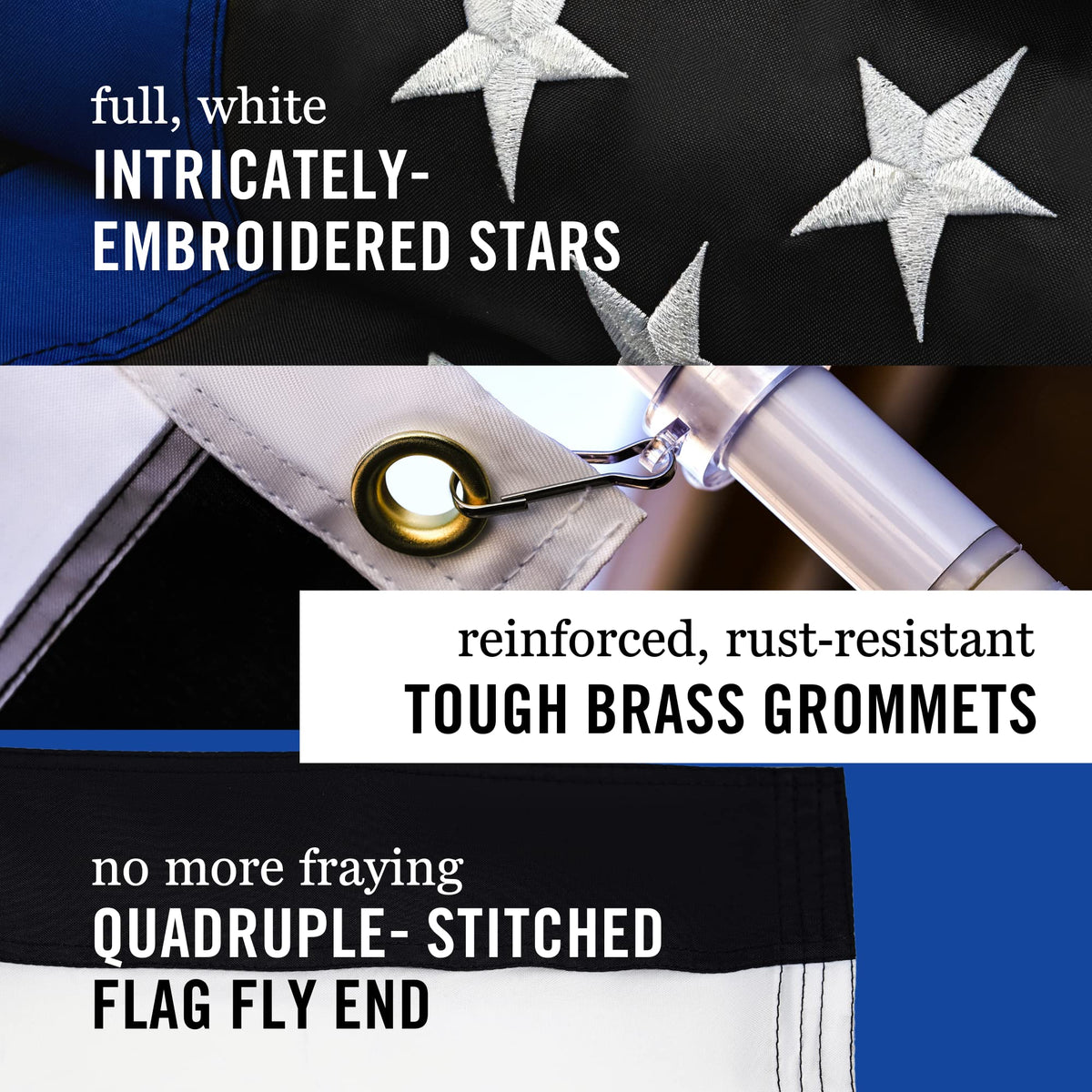 Front Line Flags quadruple-stitched fly end flag resists tearing
