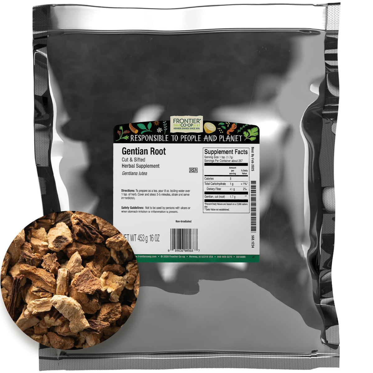 Frontier Co-op gentian root cut and sifted 1lb bag for bitter tea blends.