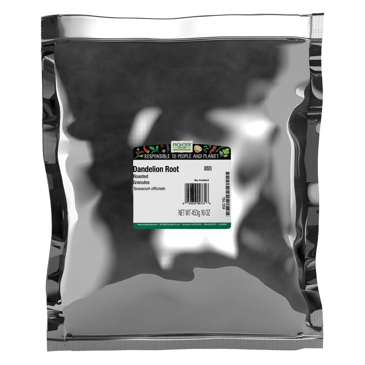 Frontier Co-op roasted dandelion root granules in bulk bag for versatile cooking.