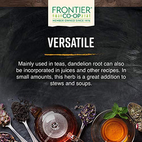 Frontier Co-op roasted dandelion root granules in a bowl, releasing a warm aroma.