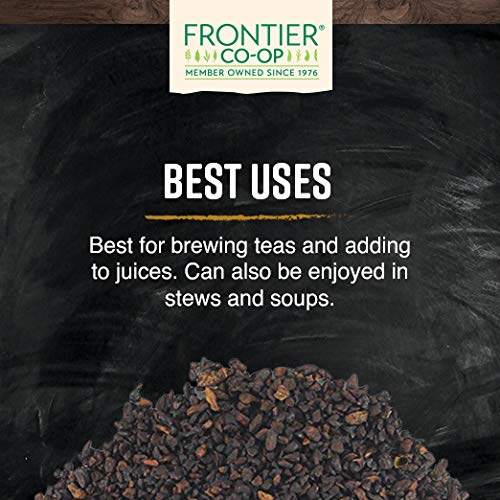 Frontier Co-op roasted dandelion root granules measured with a scoop for easy use.