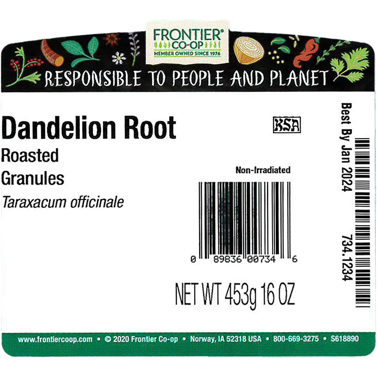 Frontier Co-op roasted dandelion root granules poured for tea with a rich aroma.