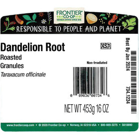 Frontier Co-op roasted dandelion root granules poured for tea with a rich aroma.