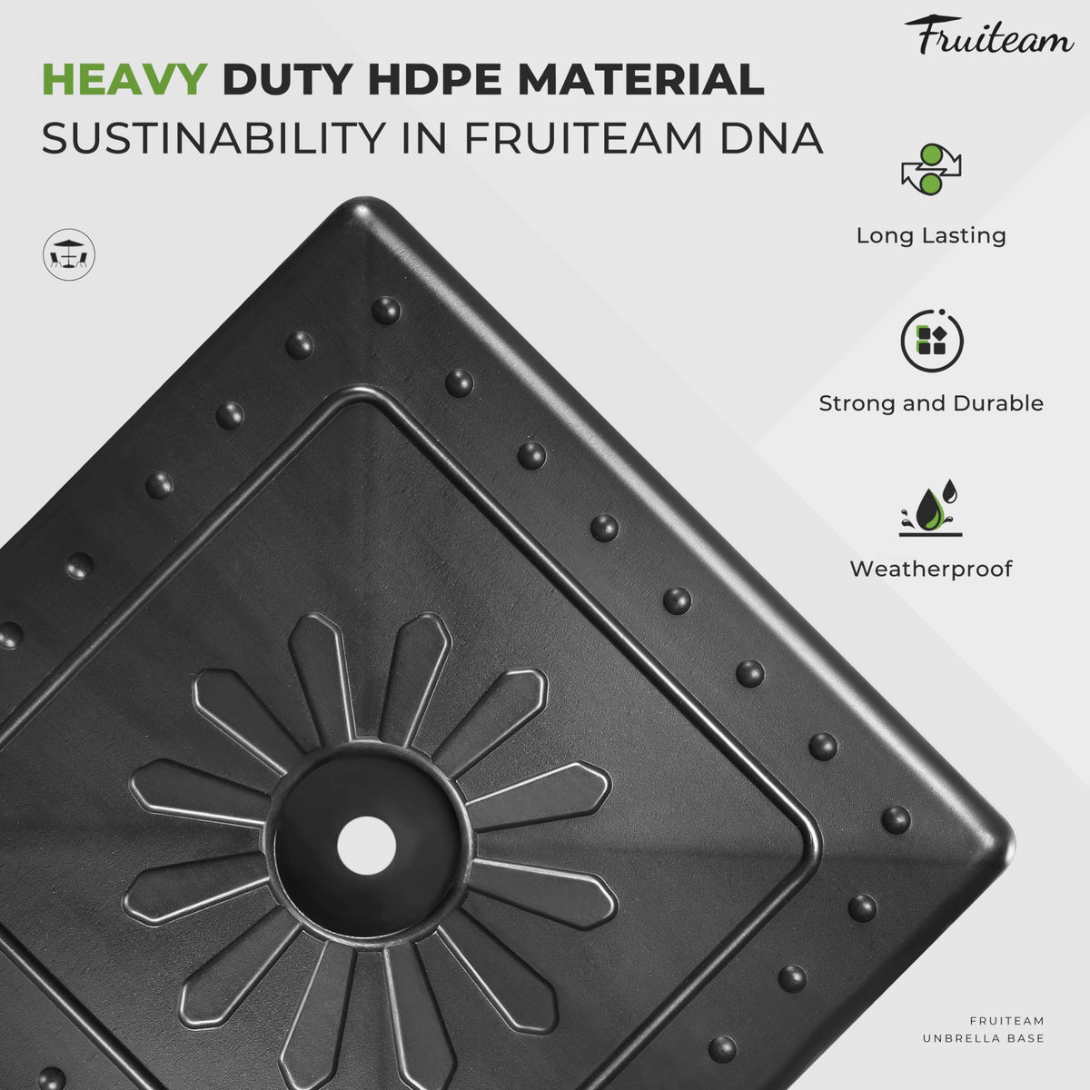 FRUITEAM 24lbs prefilled umbrella base top-down view highlights square stability