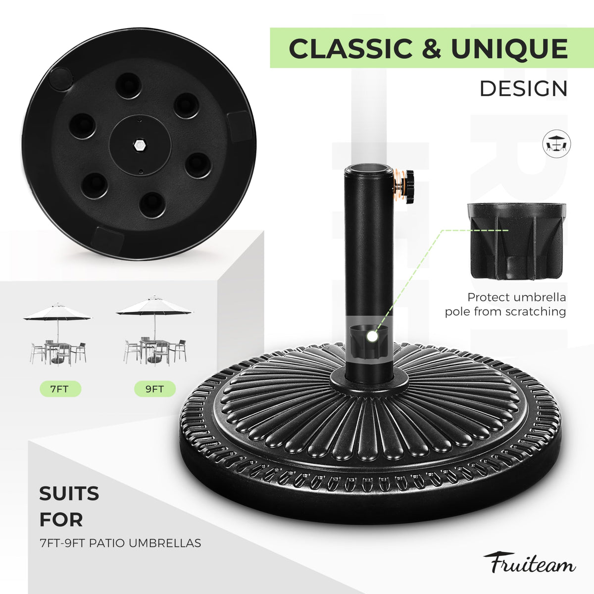 FRUITEAM adjustable piston detail illustrating pole-diameter compatibility for a secure fit.
