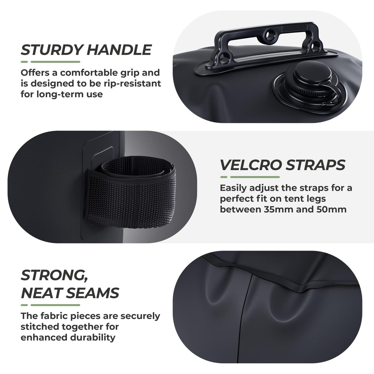 FRUITEAM easy fill and tighten strap highlights adjustable tent leg compatibility