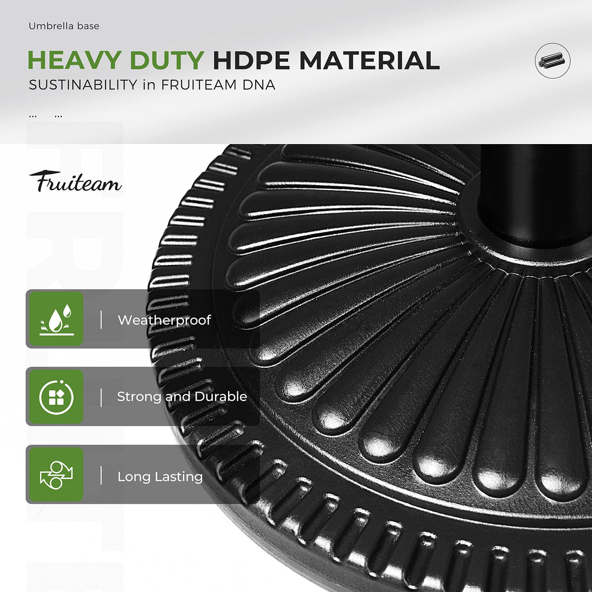 FRUITEAM heavy-duty round umbrella base with close-up edge showing durability.