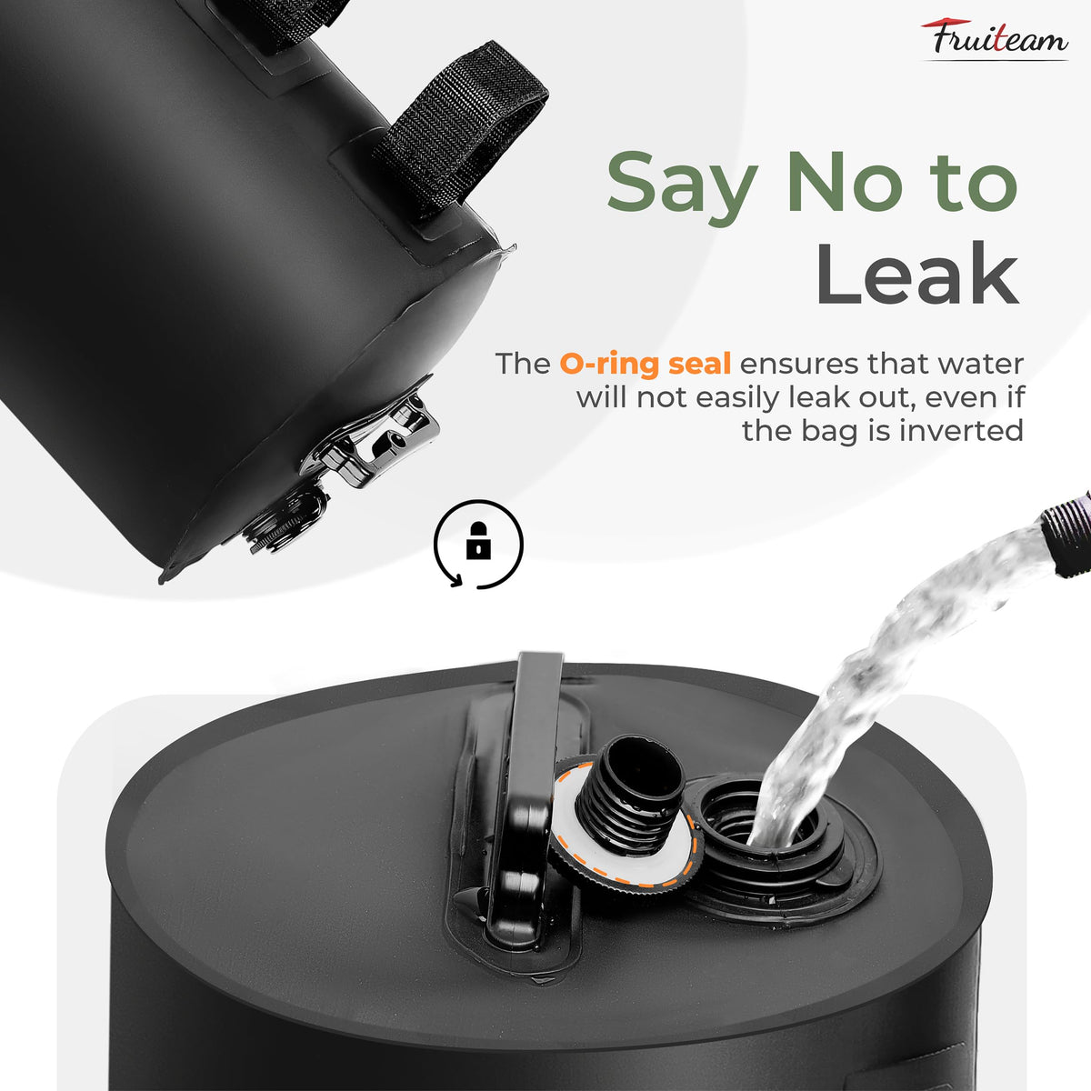 FRUITEAM water weight bag cap and handle image demonstrates easy filling and secure closure