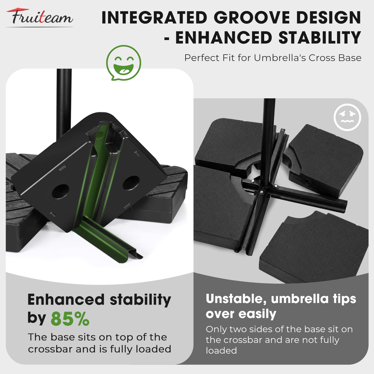 FRUITEAM weather-resistant plastic base stands up to outdoor conditions