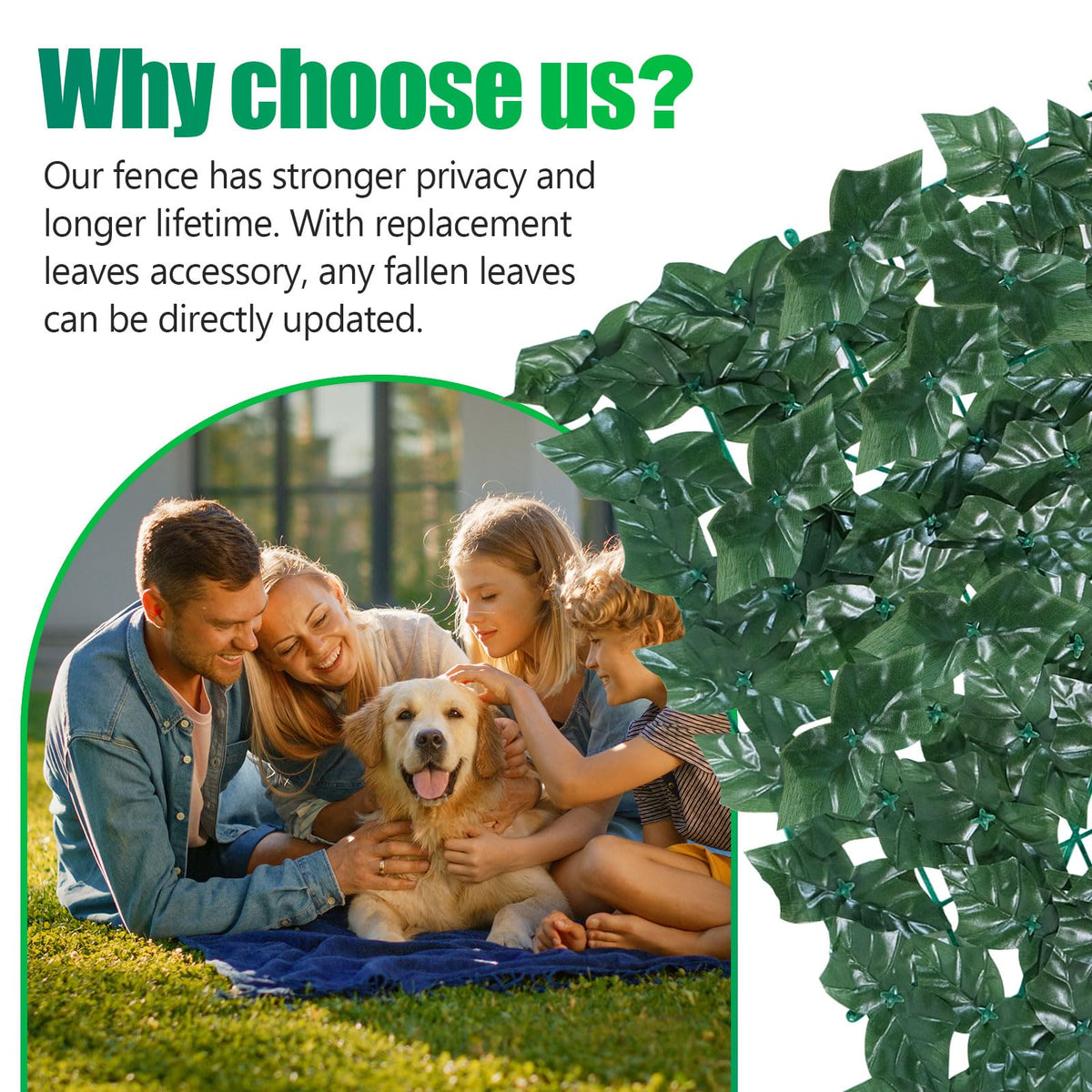 FRURIPPY ivy leaf close-up highlights non-toxic HDPE leaves and UV resistance.