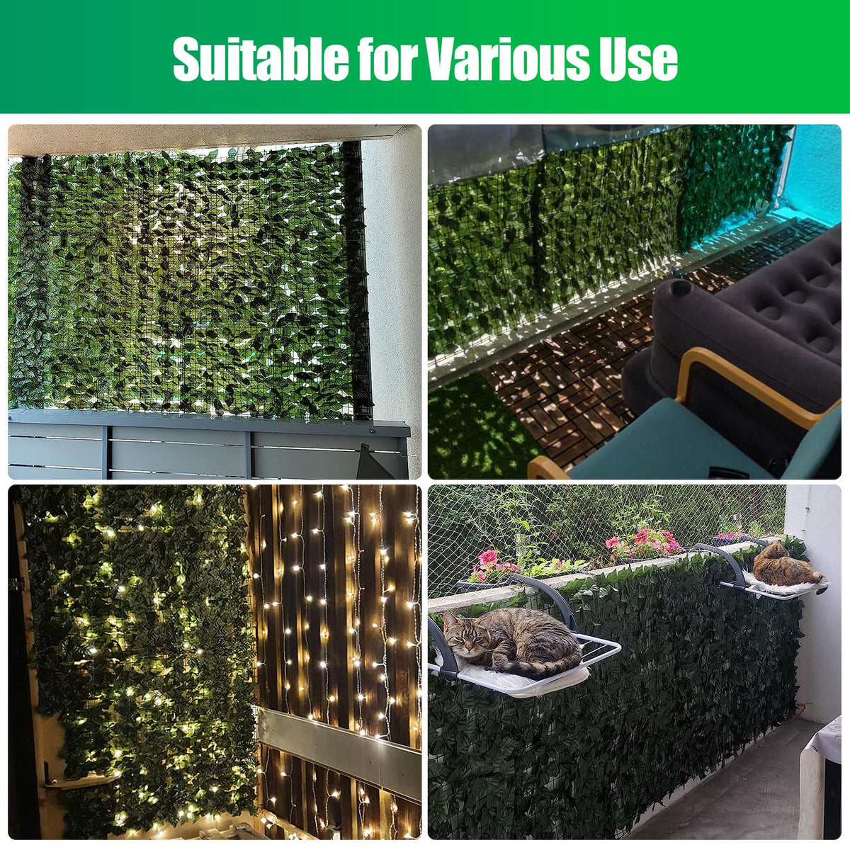 FRURIPPY sun-safe ivy fence screen provides durable outdoor privacy year-round.