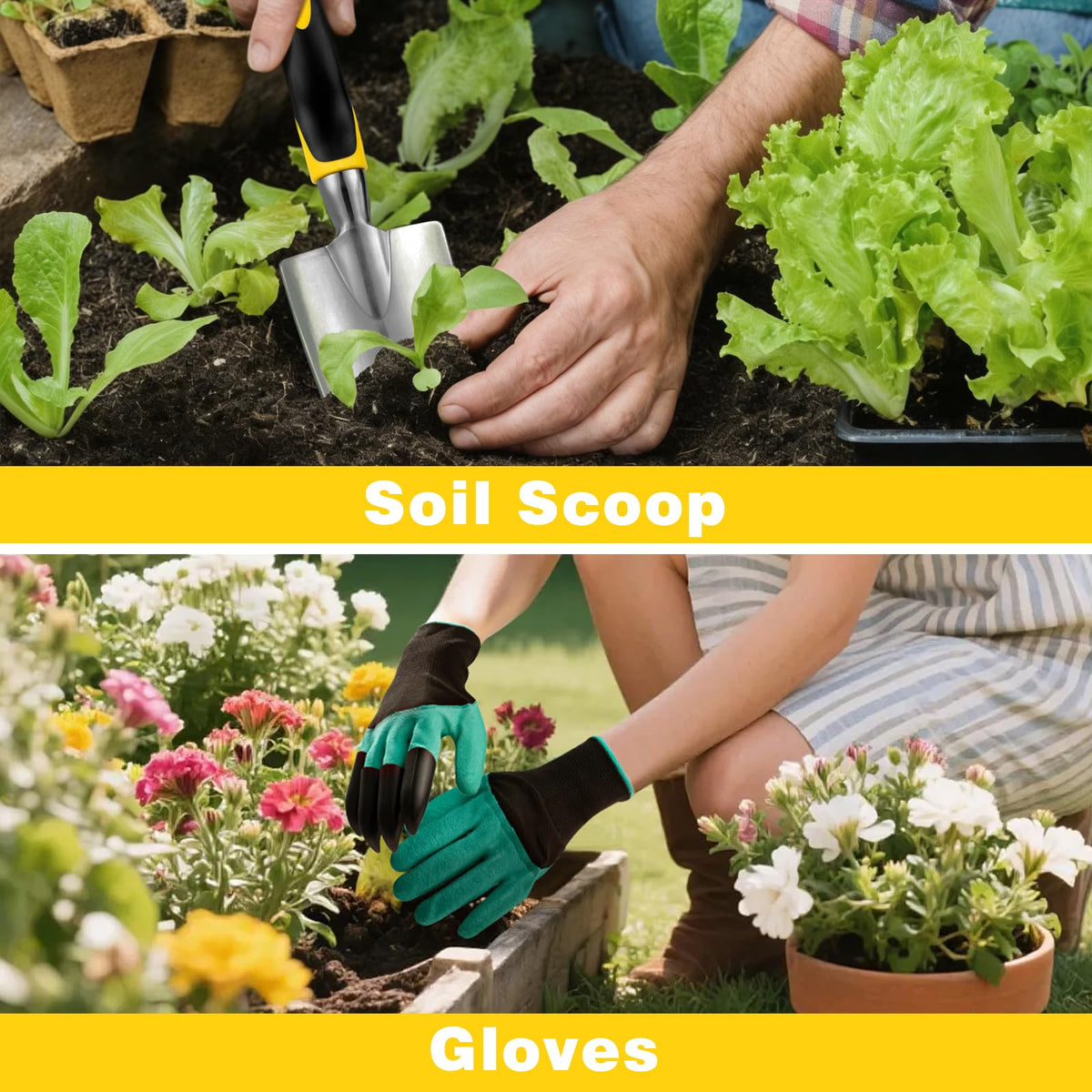 FrutPunch yellow-handled garden tools add visibility and joy to gardening.