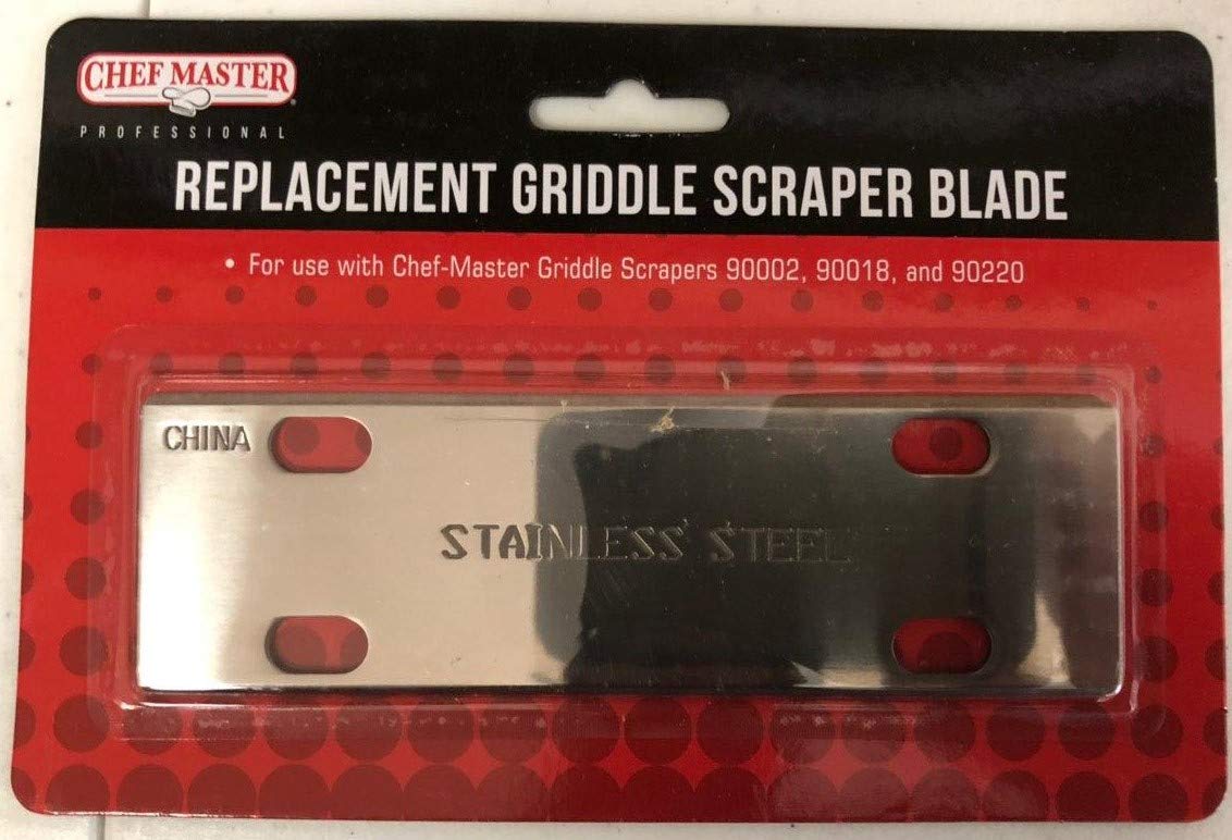 FryOilSaver Co blade on chrome griddle demonstrates surface-safe scraping