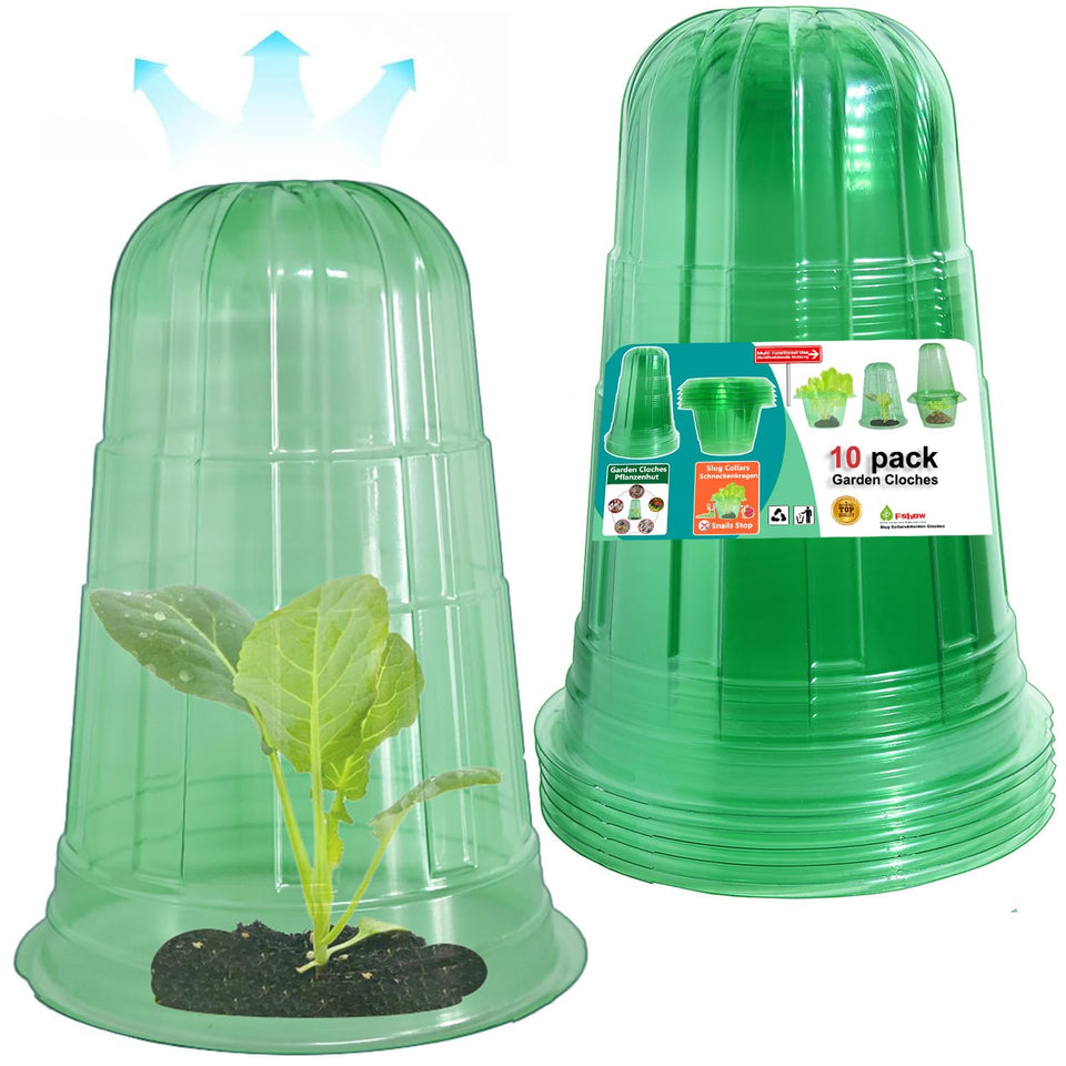 Fshow garden cloche green dome over seedlings for frost protection.