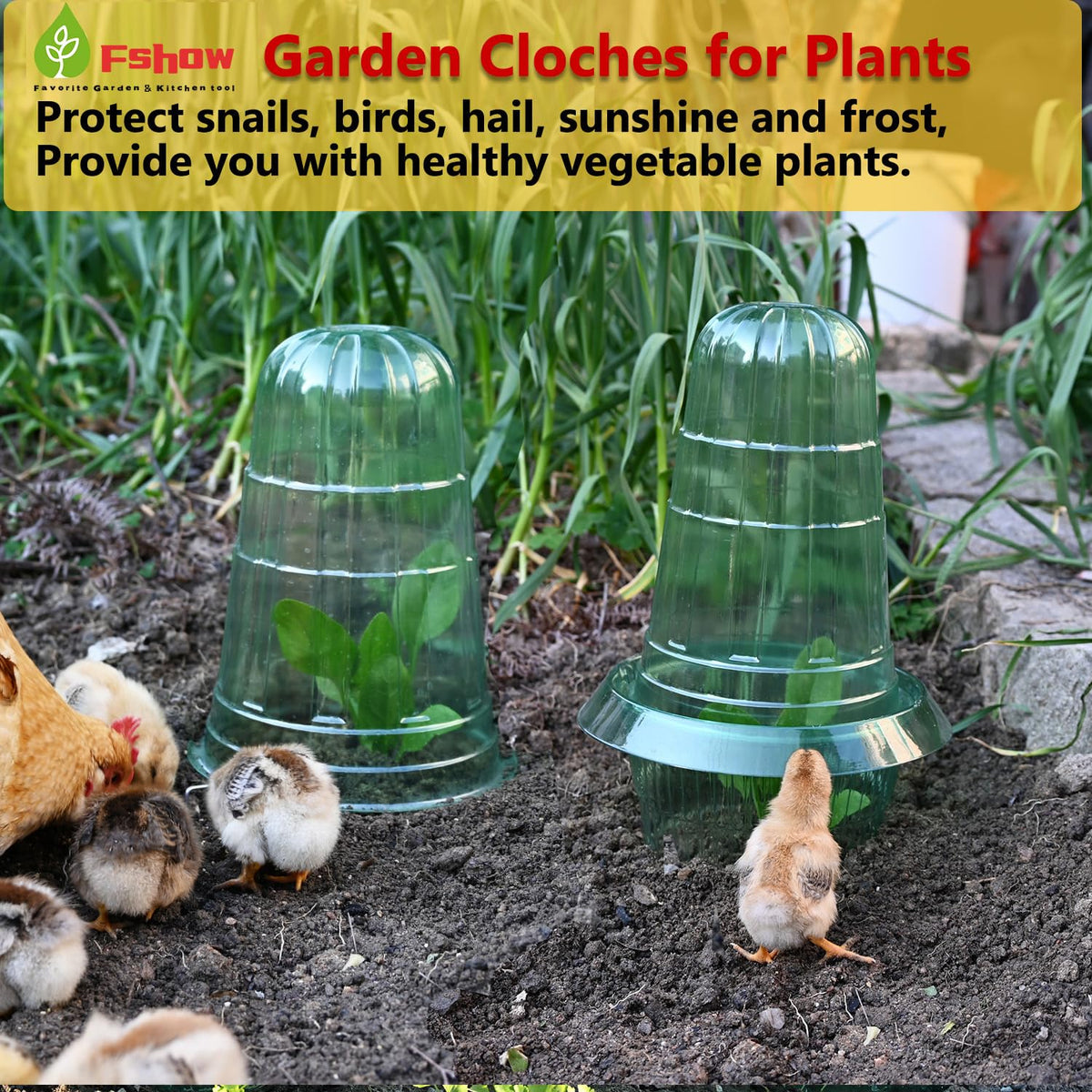Fshow Garden Cloches are easy to place over seedlings with ground press or hooks.