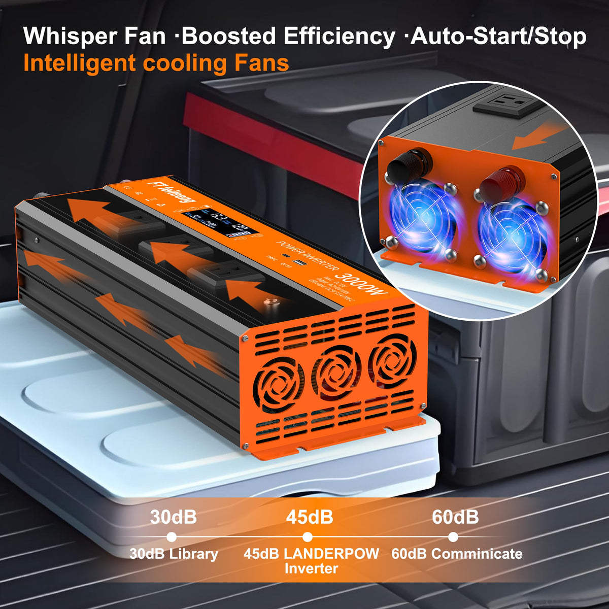 FT Feiteeng 3000W inverter LCD display shows real-time voltage and power