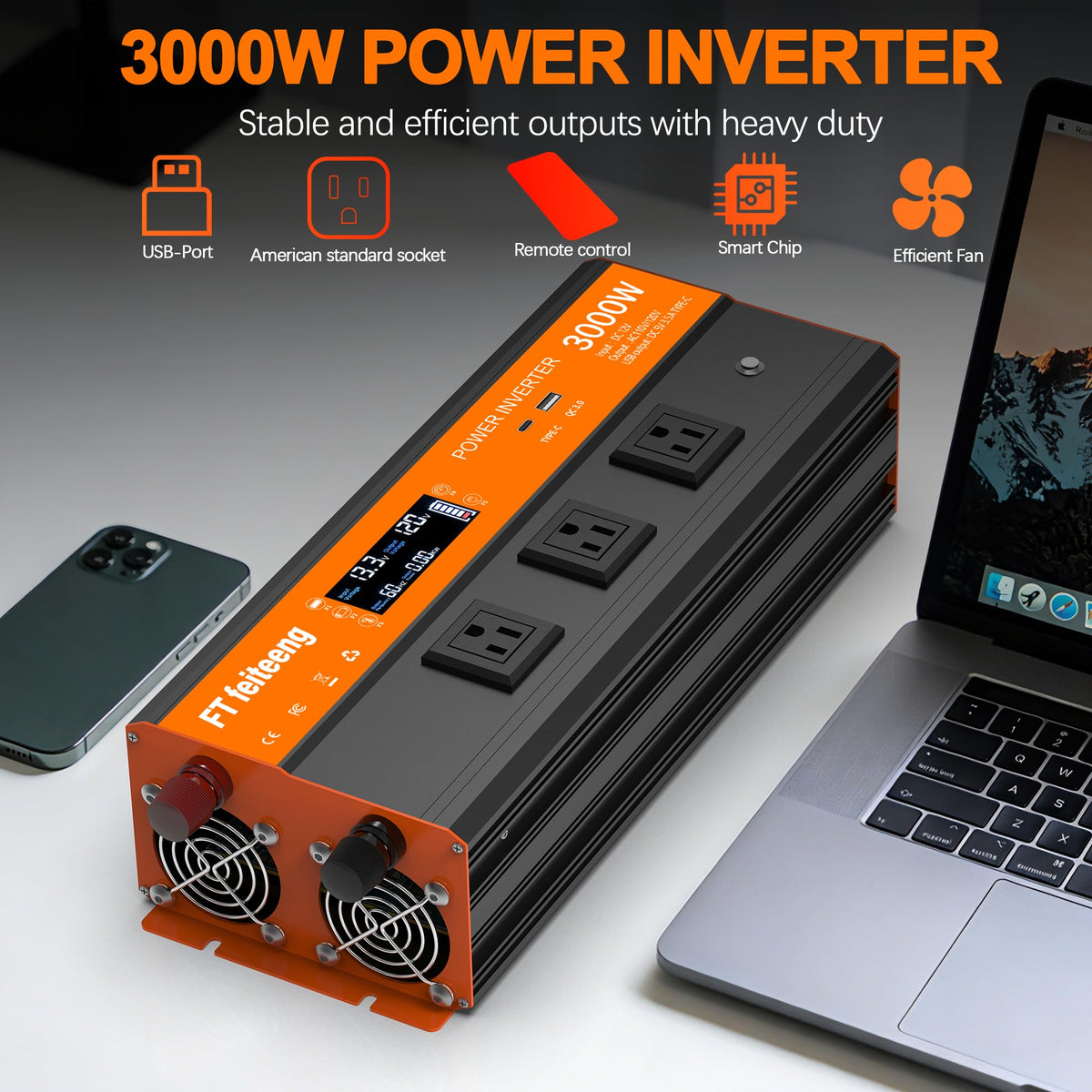 FT Feiteeng 3000W inverter USB-C port with QC 3.0 for fast charging