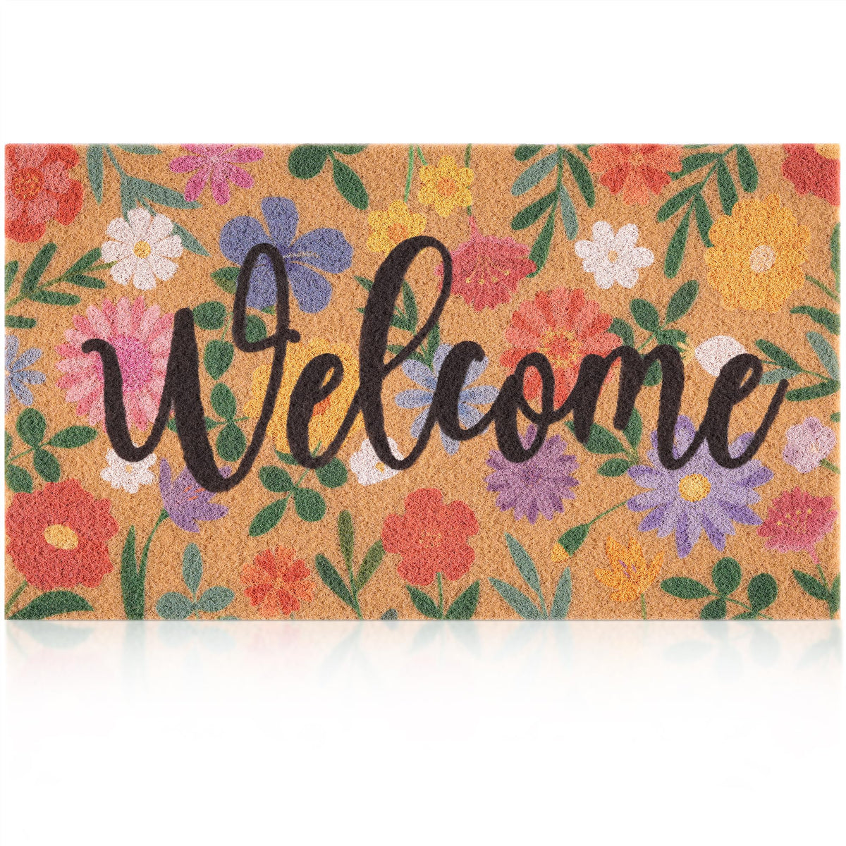 Fttoyoly Spring Floral Doormat front view showing welcoming colors for entryways.