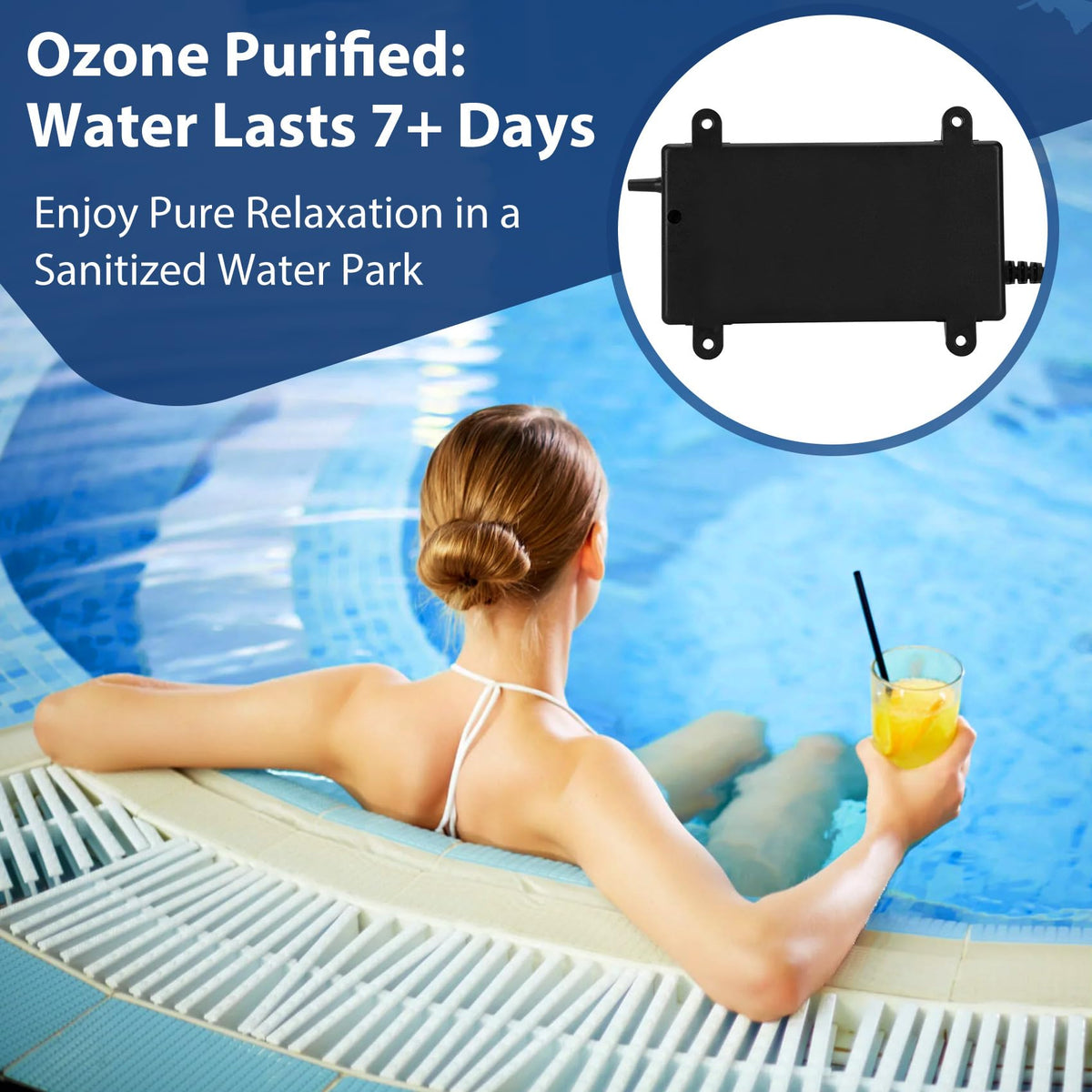 Fuceter wide-application image demonstrates use across spas, pools, and tubs.