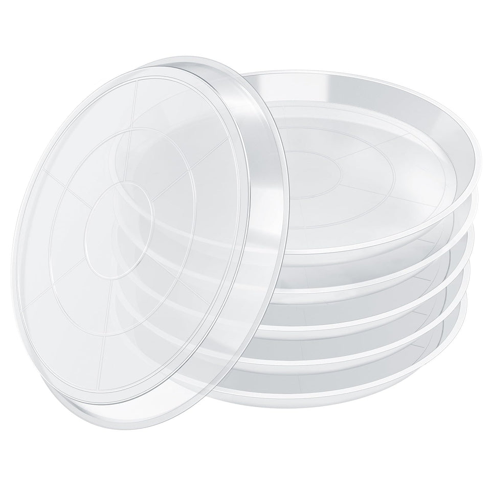 FUIJOL 6-pack clear plant saucers, top view, catch excess water for clean surfaces.