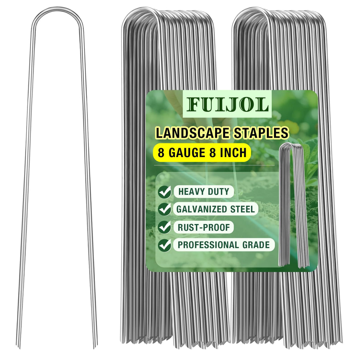 FUIJOL 8-inch landscape staples secure weed barrier fabric in outdoor beds.