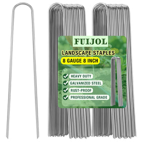FUIJOL 8-inch landscape staples secure weed barrier fabric in outdoor beds.