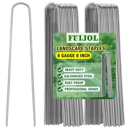 FUIJOL 8-inch landscape staples secure weed barrier fabric in outdoor beds.