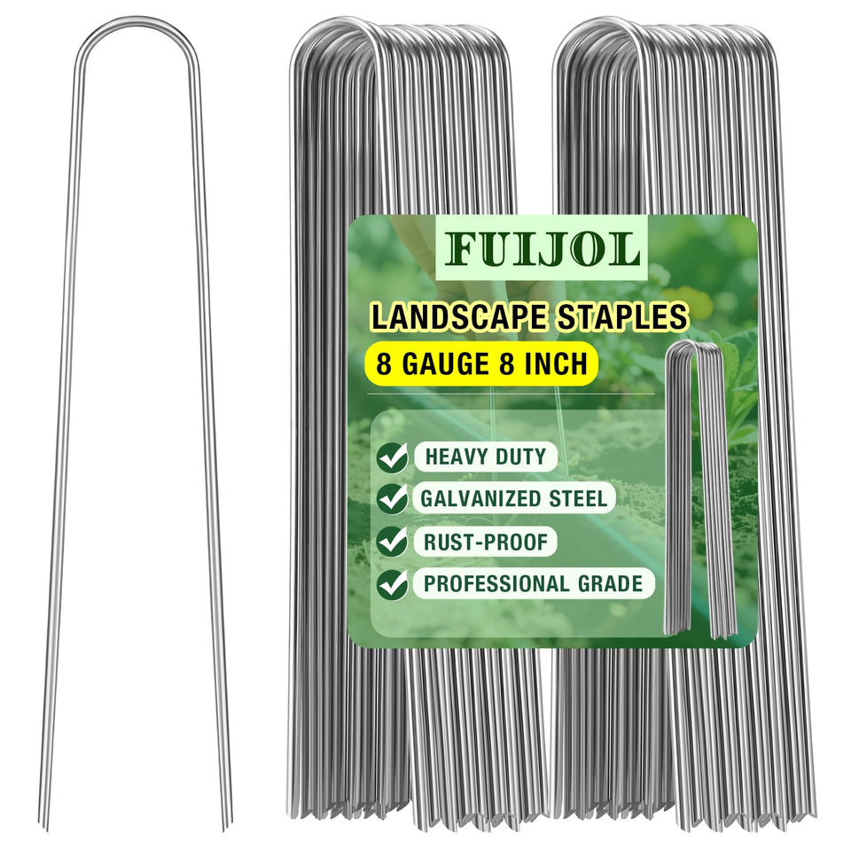 FUIJOL 8-inch landscape staples secure weed barrier fabric in outdoor beds.