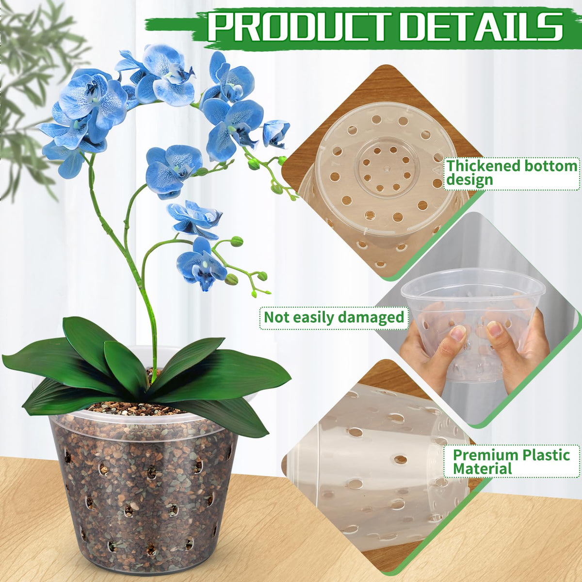 FUIJOL bottom-drainage clear orchid pot prevents soil pooling