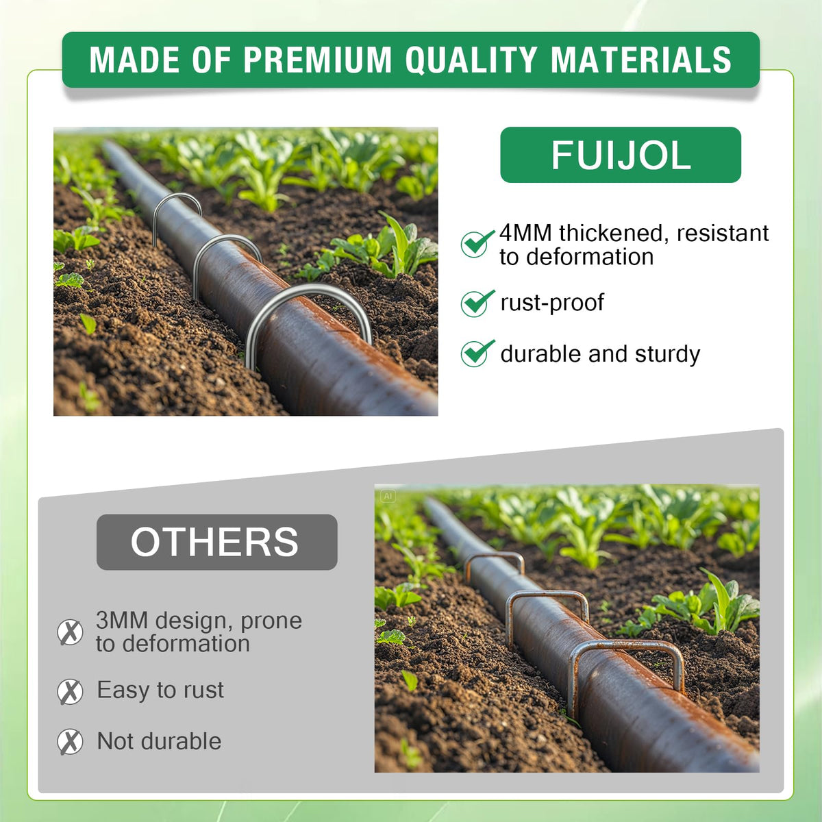 FUIJOL 8-inch staples fasten drip irrigation tubing securely.