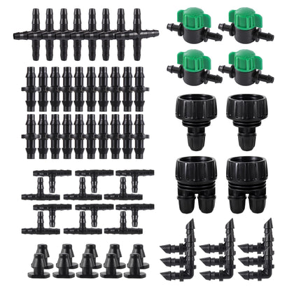 FULAIERGD 128-piece kit with barbed connectors for leak-free irrigation setup.
